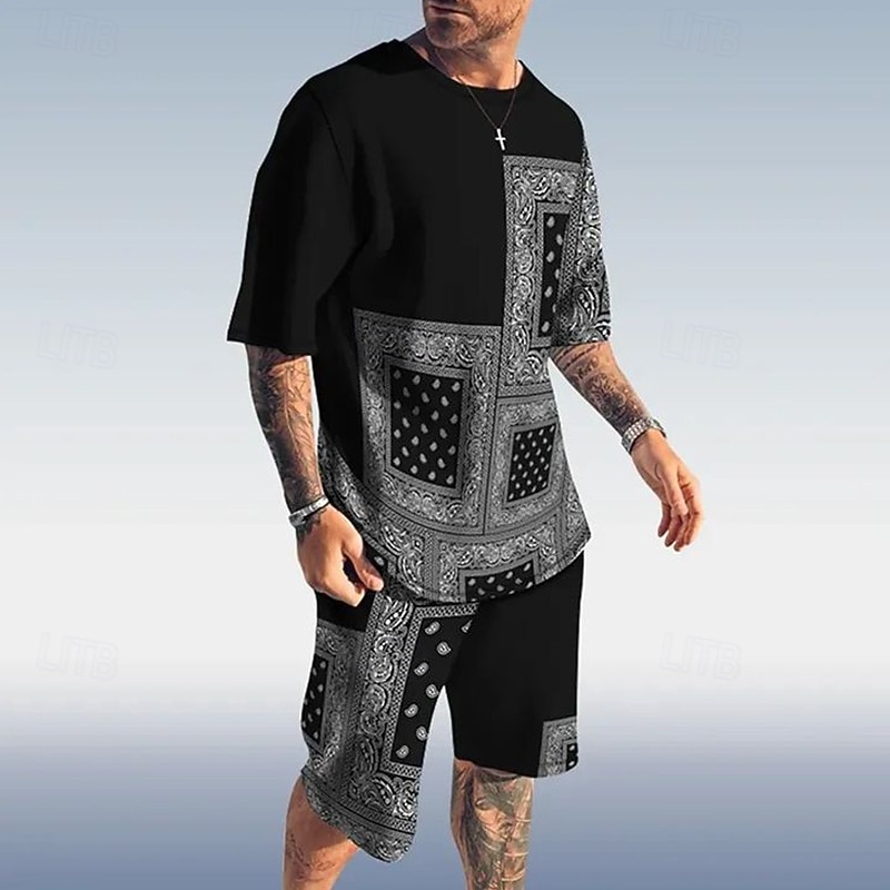 Men's Graphic 2pcs Tees sets Summer Tops Short Sleeve Short Pants Crew Neck Athleisure Sports & Outdoor Sport Casual Daily Crewneck Summer Black 2026 - $28.99 –P1
