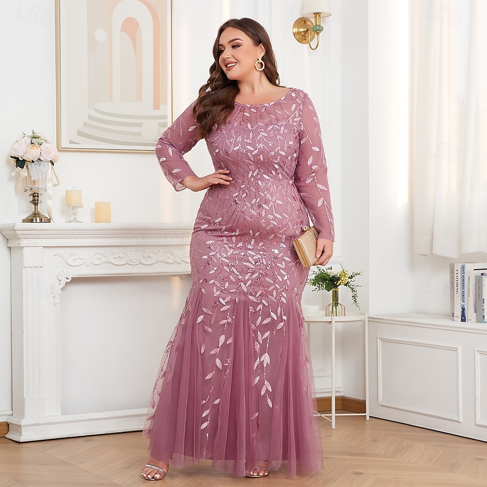 Mermaid / Trumpet Evening Gown Sparkle Dress Formal Floor Length Long Sleeve Crew Neck Champagne Mother Of the Bride Dress Tulle with Embroidery 2025 2025 - $75.99 –P3