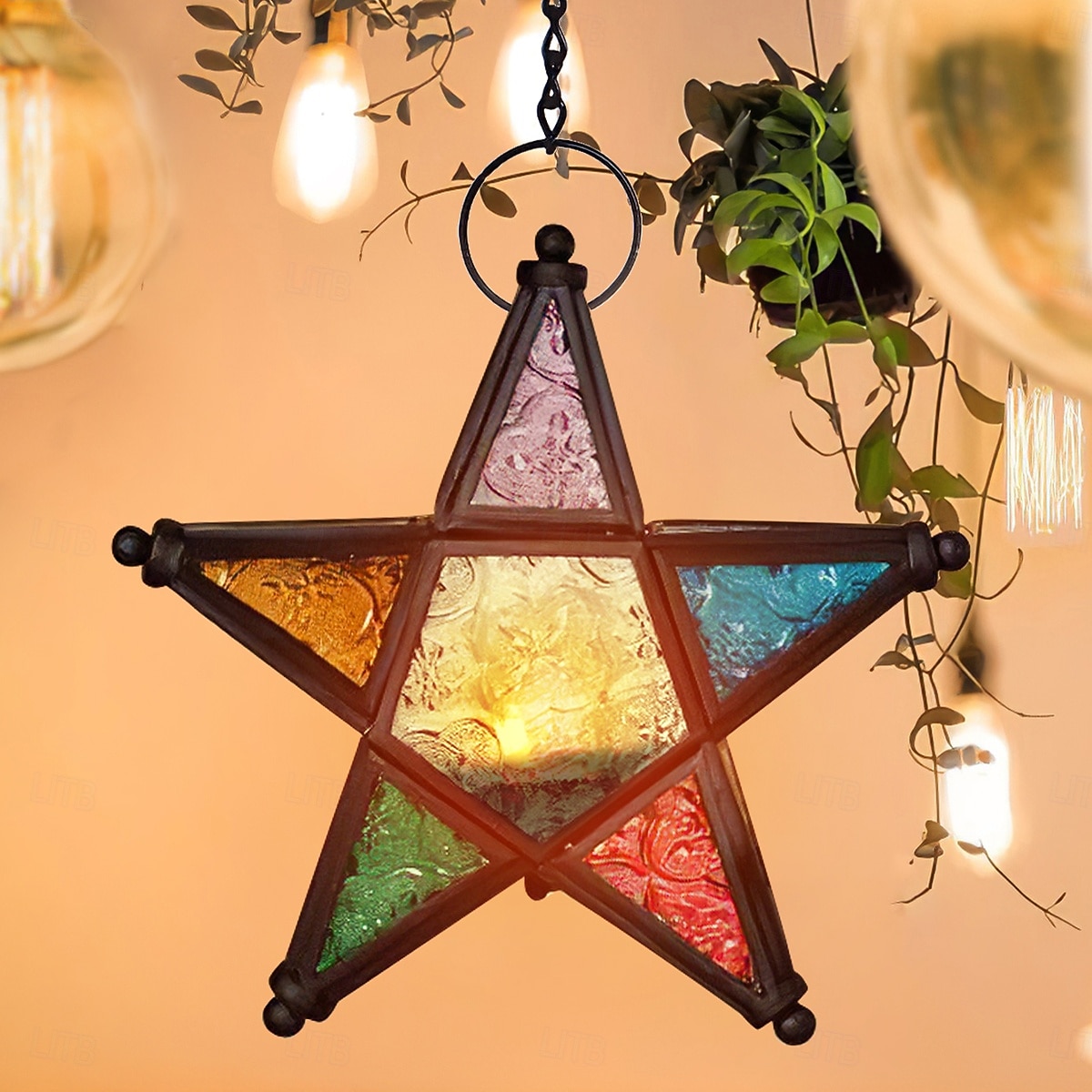 vintage jernkunst stjernelysholderlykt, femspiss hengende vindtett telysholder, dekorativ lyslykt i jernglass for hjem, bar, restaurant og gaveutdeling 2026 - $17.99 –P7