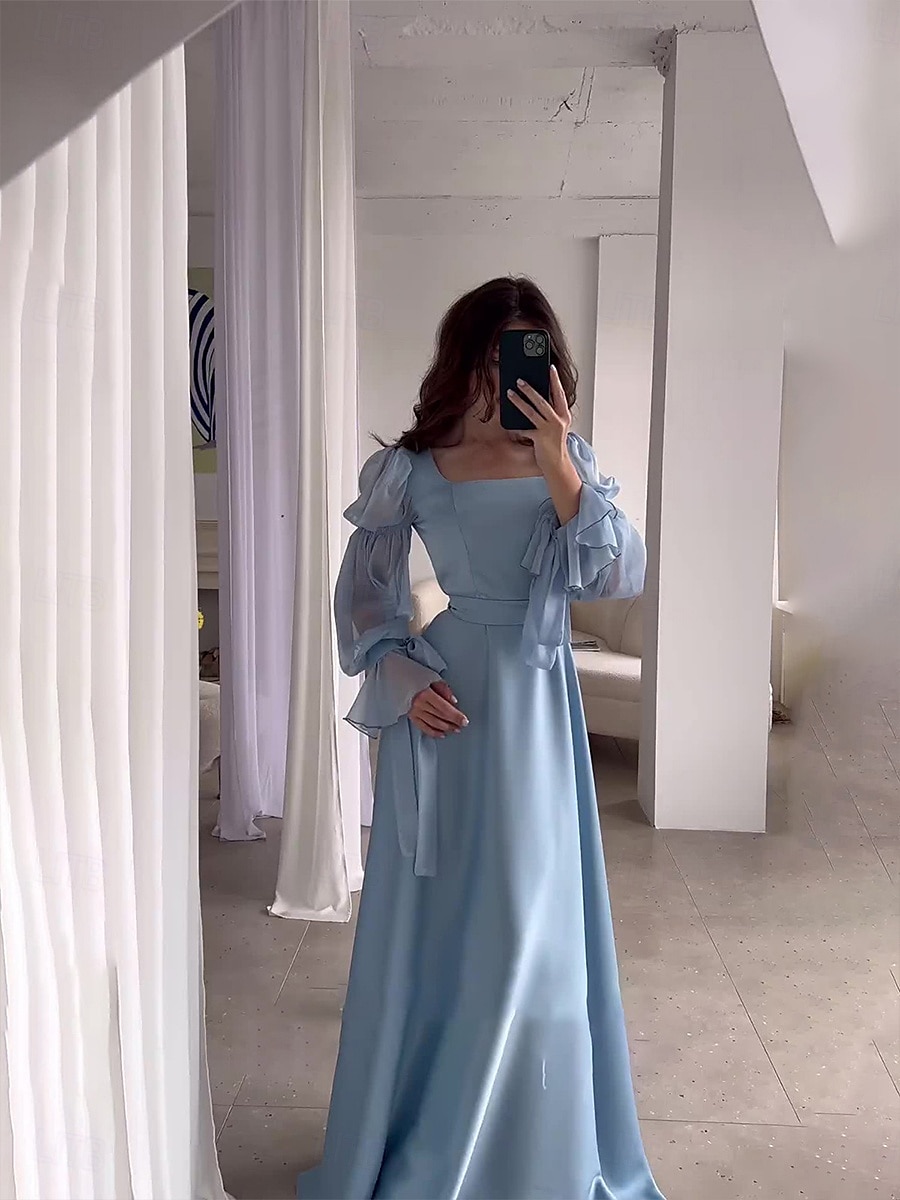 Kvinnors Plus Size Maxiklänning A-linje Klänning Off The Shoulder Klänning Puffärm Klänning Semester Semester Enfärgad Långärmad Fyrkantig Hals Ljusblå Vår Höst 2025 - $51.99 –P1