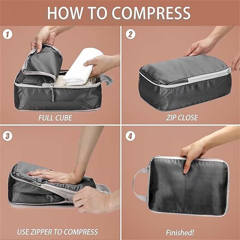 set di cubi di compressione per l'imballaggio da viaggio, borse portaoggetti di grande capacità da 4 pezzi con tessuto a motivo a rombi, organizer impermeabile per bagagli del 2025 a $12.99 –P7