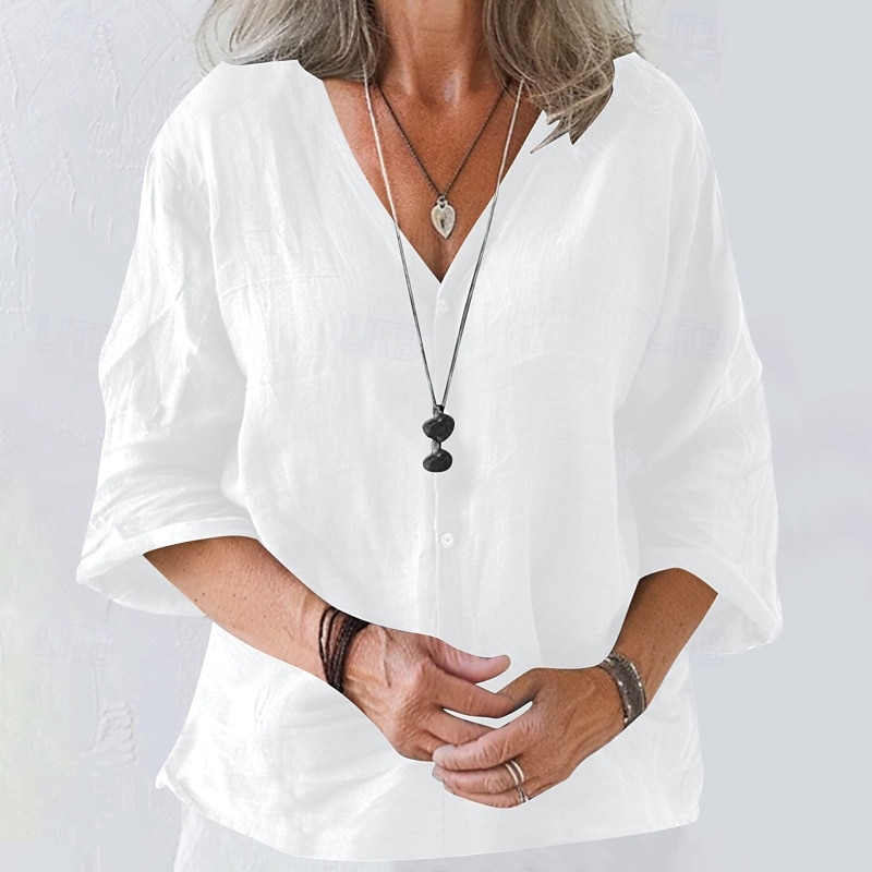 Damen Bluse Baumwoll-Leinen-Hemden Einfach Basic Modern Dreiviertelarm V Ausschnitt Normale Oberteile Täglich Ferien Ausgehen Knöpfe Schwarz Weiß Rosa Braun Aprikose Sommer 2025 - $22.99 –P20