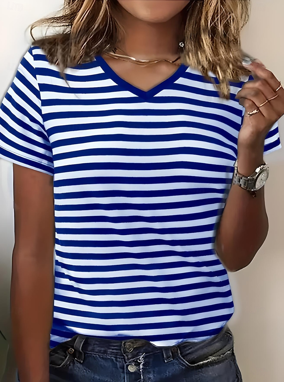 T-shirt femme rayé océan décontracté manches courtes col V hauts réguliers quotidiens sorties week-end imprimé bleu été de 2025 ? $19.99 –P1