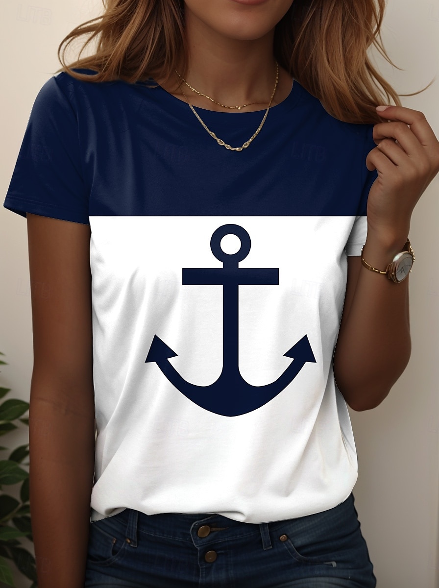 Women's T Shirt Floral Casual Short Sleeve Round Neck Regular Tops Daily Print White Wine Navy Blue Blue Dusty Blue Summer 2025 - $19.99 –P2