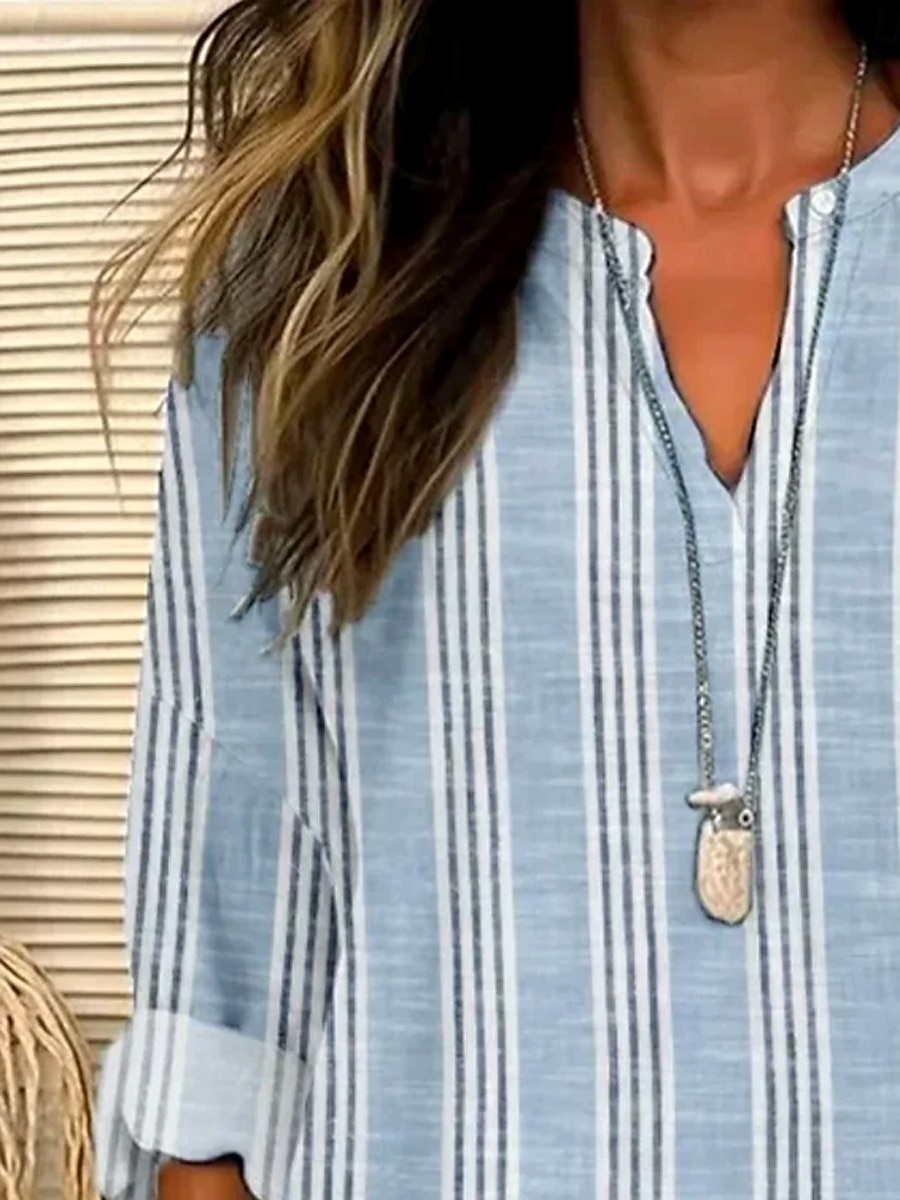 Women's Cotton Linen Shirt Graphic Striped Hawaiian Casual Long Sleeve V Neck Regular Tops Daily Holiday Buttons Print Light Blue Summer Spring 2025 - $24.99 –P2