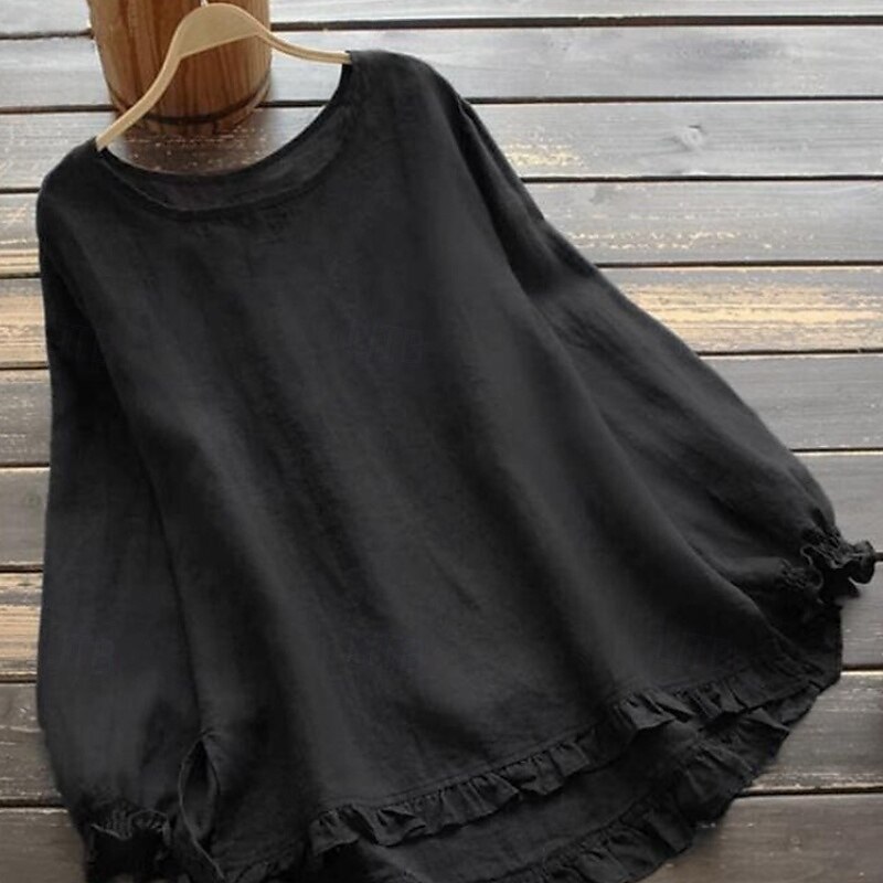 Women's Blouse Cotton Linen Shirts Plain Basic Modern Long Sleeve Square Neck Regular Tops Daily Holiday Going out Ruffle Black White Pink Army Green Navy Blue Summer 2025 - $22.99 –P12