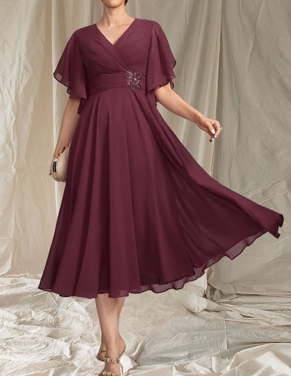 A-Linie Brautmutterkleid Hochzeitsgast Elegant V-Ausschnitt Tee-Länge Chiffon Kurzarm mit Applikationen Raffung Midi-Kleid 2025 2025 - $164.99 –P1