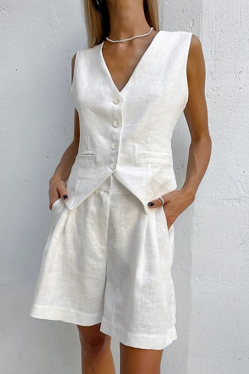 Femmes Mode Streetwear Ensembles inspirés du lin Ensembles deux pièces Chemisier Sans manches Col en V Couleur Unie Dubbele Rij Knopen Sortir Décontracté Quotidien Blanche Bleu Orange Été Coupe de 2025 ? $31.99 –P1