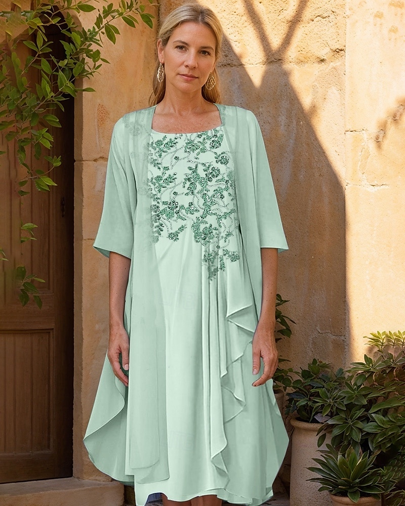 Zweiteilig A-Linie Brautmutterkleid Elegant Minimalistisch Glanz & Glamour Rundhalsausschnitt Knielang Chiffon Spitze Halbarm Mit Schal Jackenkleider mit Perlenstickerei Rüschen Applikationen 2025 2025 - $149.99 –P4