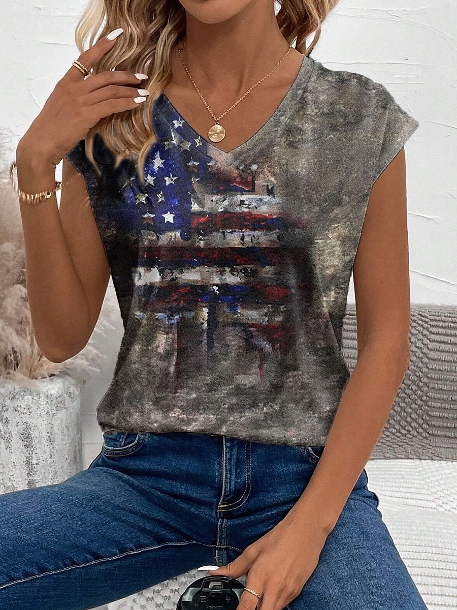 Kvinnors patriotiska linne topp grafisk flagga stilig avslappnad ärmlös V-hals vanlig topp dagligt tryck grå sommar 2025 - $17.99 –P1