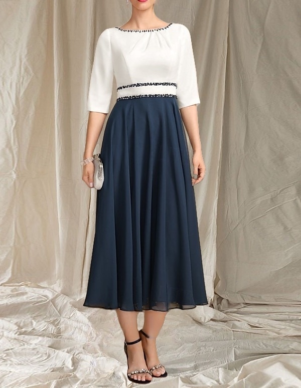 A-Linie Brautmutterkleid Hochzeitsgast Elegantes Rundhals Tee-Länge Chiffon Satin Halbarm mit Perlen Raffung Midi Kleid 2025 2025 - $145.99 –P4