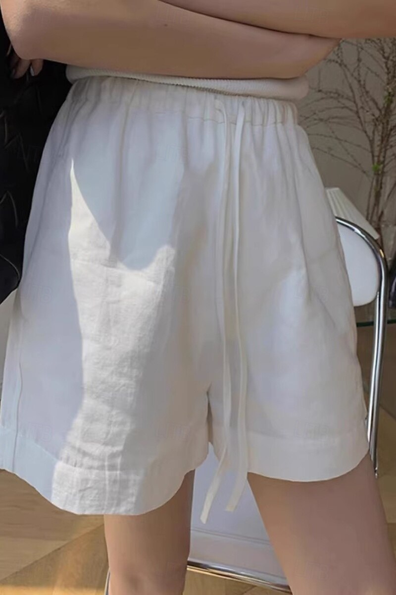2025年 女性用 コットンリネンショートパンツ ショーツ スラックス ストリートファッション カジュアル ショート ナチュラルウエスト 平織り ポケット 弾性巾着デザイン 通気性 ソフト 快適 マイクロエラスティック カジュアル デイリーウェア ホワイト 夏 レギュラー コレクション – $25.99 –P3
