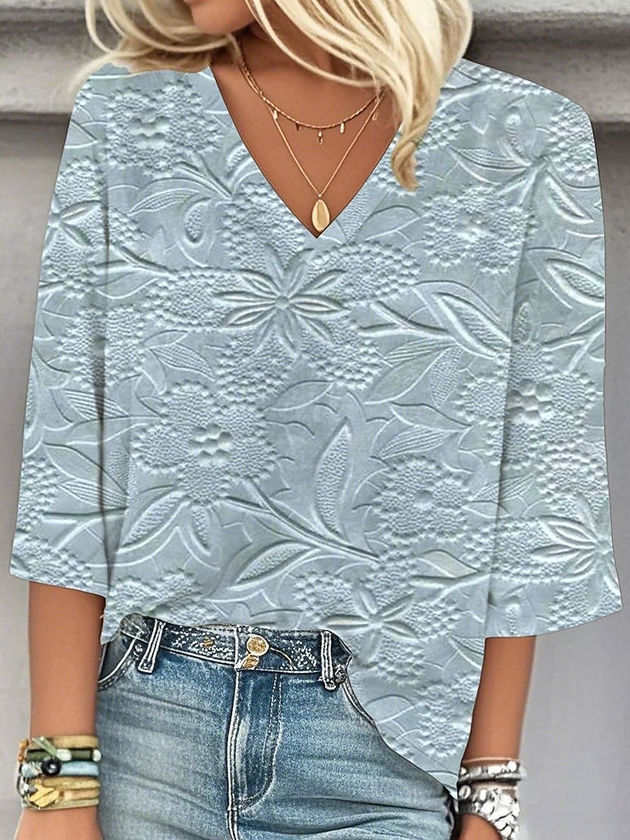 Kvinne Bluse 3D Trykk Blomster Grafisk Stilfull Strand Kort Erme V Hals Vanlige Topper Daglig Trykk Blå Grønn Beige Vår Høst 2025 - $25.99 –P2