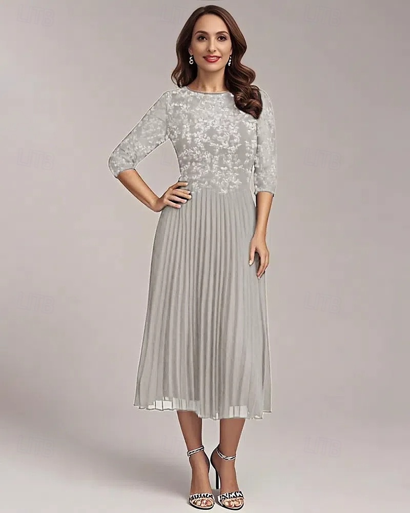 Robe Mère de la Mariée A-Line Élégante Simple Décontractée Col Ronde Longue en Chiffon À Manches Mi-Longues avec Appliques Florales en Dentelle Plis de Genoux Printemps Été Robe Midi 2025 de 2025 ? $121.99 –P4