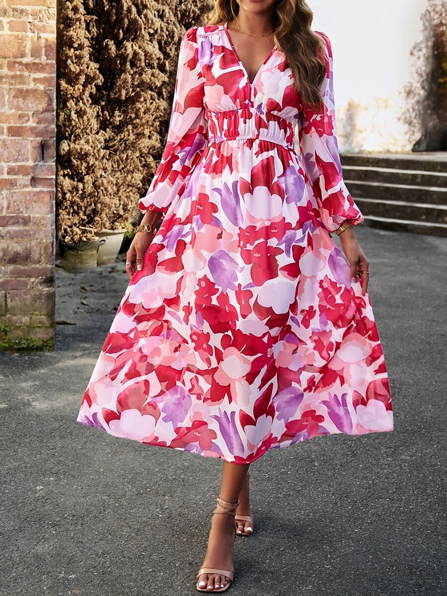 Women's Midi Dress A Line Dress Fit And Flare Dress Puff Sleeve Dress Vacation Casual Vacation Daily Regular Fit Graphic Long Sleeve V Neck Red Blue Green Apricot Summer 2025 - $46.99 –P7