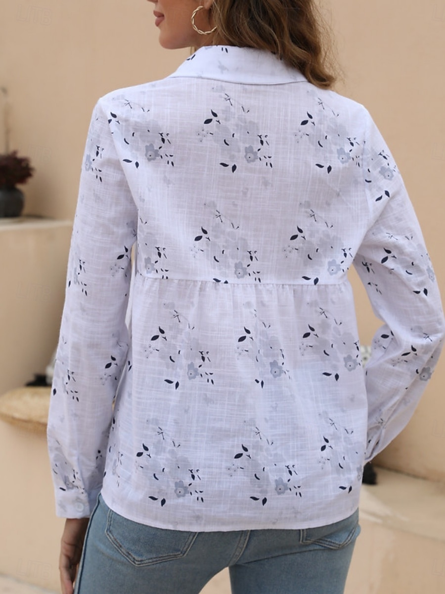 Damenhemd Floral Stylish Casual Langarmhemd Kragen Regelmäßige Tops Täglich Leinenähnliche Knöpfe Druck Weiß Gelb Hellblau Sommer Frühling 2025 - $19.99 –P4