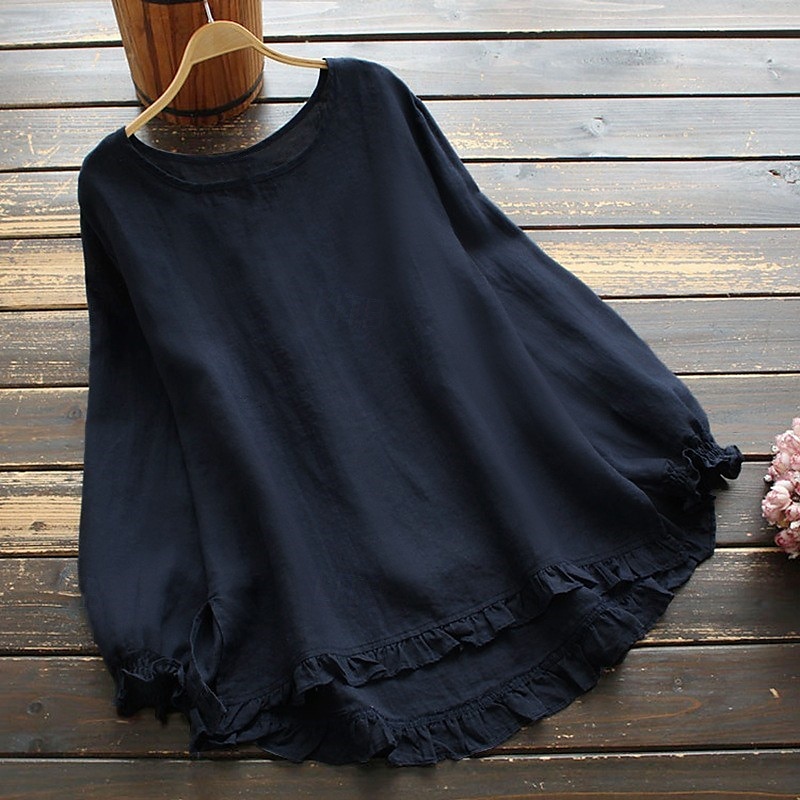 Women's Blouse Cotton Linen Shirts Plain Basic Modern Long Sleeve Square Neck Regular Tops Daily Holiday Going out Ruffle Black White Pink Army Green Navy Blue Summer 2025 - $22.99 –P9