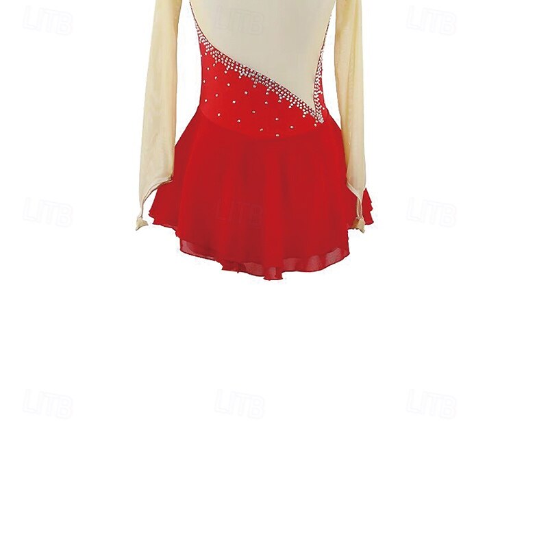 Kunstschaatsjurk Dames Voor meisjes Schaatsen Jurken Rood Lapwerk Open achterkant Netstof Spandex Rekbaar Opleiding Oefenen Professioneel Kunstschaatskleding Thermisch Warm Kristal / Bergkristal 2025 - $158.99 –P4