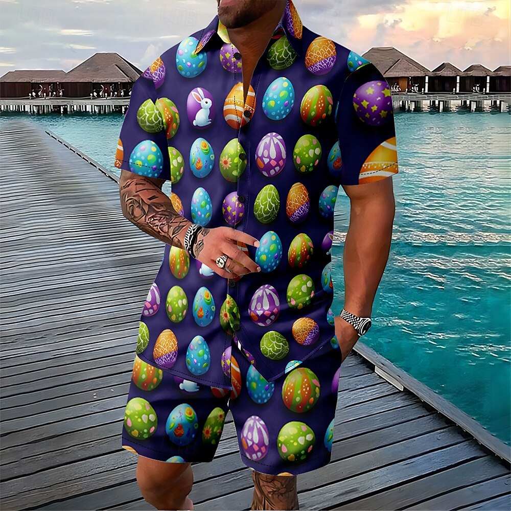 Velikonoce Pánské Vejce 2ks Sady košil Sada košile Krátký rukáv Krátké kalhoty Přehnutý Na běžné nošení Ležérní Denní Festivalový outfit 3D tisk Léto Fialová 2025 - $37.99 –P1