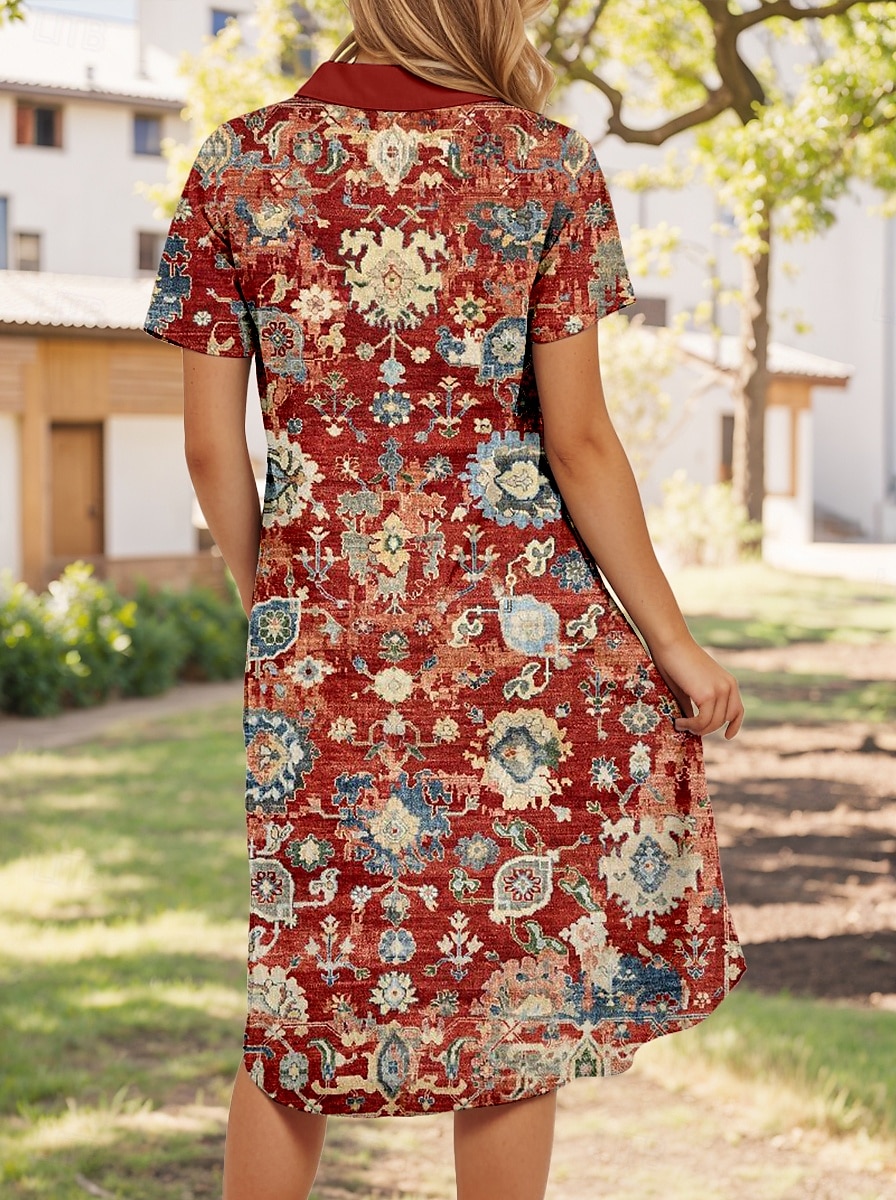 Damen Midikleid A Linie Kleid Urlaub Lässig Täglich Date Normale Passform Grafik Geometrisch Kurzarm Hemdkragen Wein Sommer 2025 - $29.99 –P2