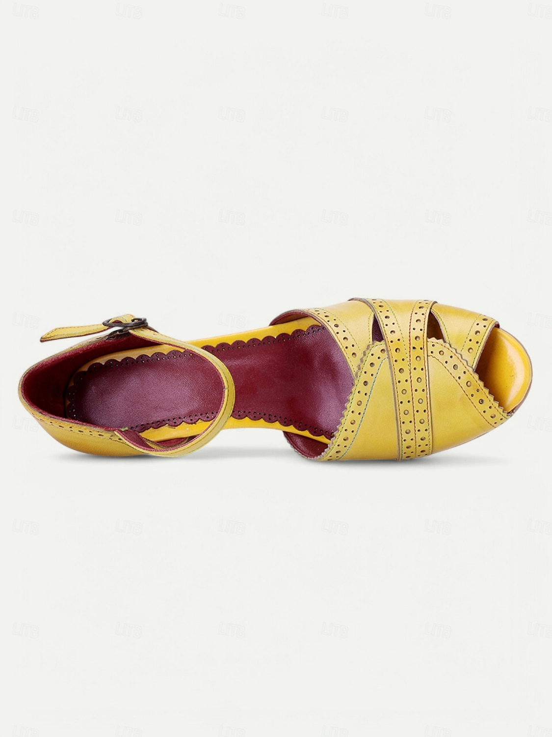 dámské vintage žluté vykukující podpatky z 30. let – retro kožené sandály s páskem kolem kotníku a brogue detaily pro elegantní dámy, ideální na večírky a formální události 2025 - $84.99 –P3