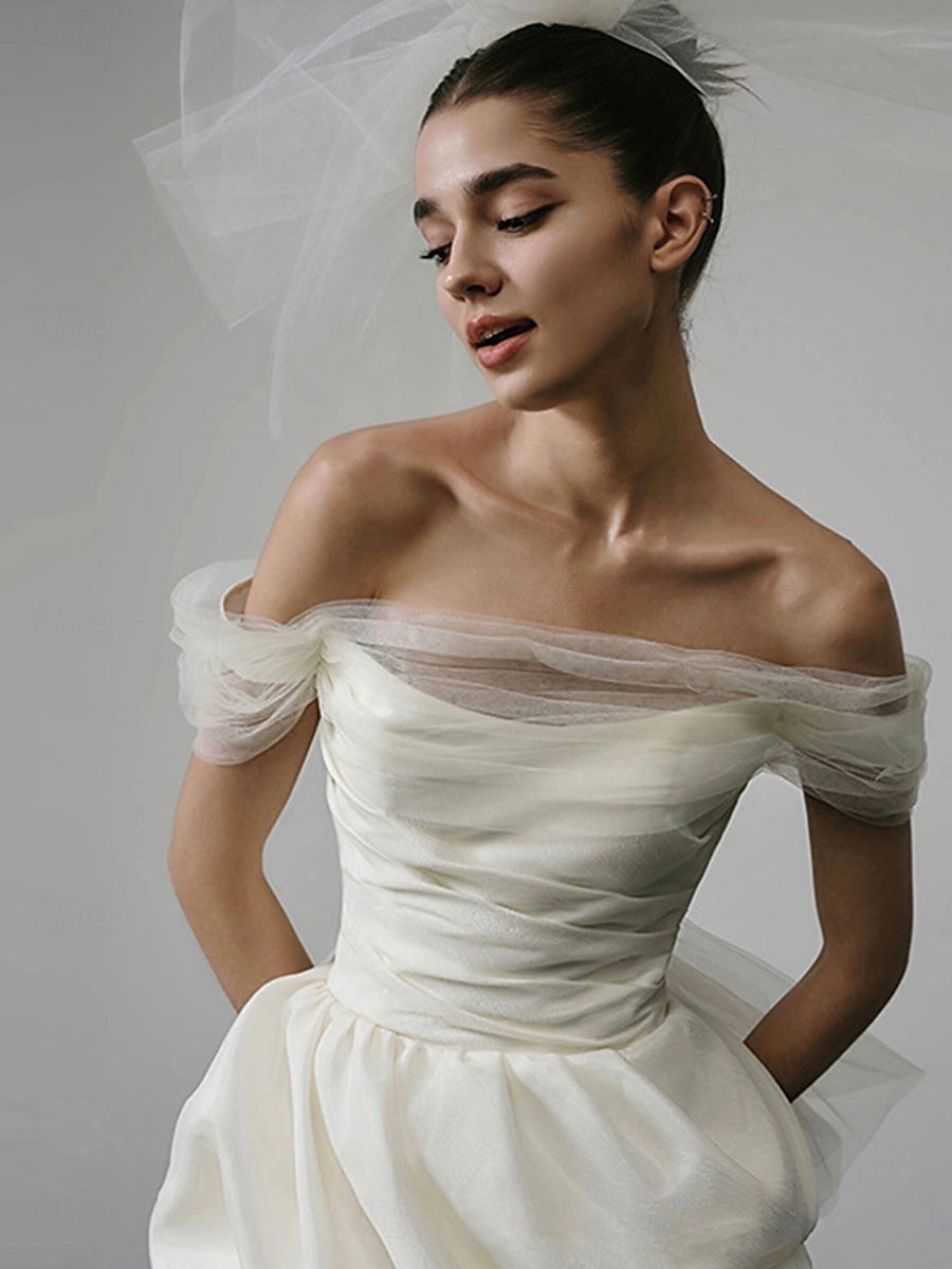 Bruidsjurken Bubbeltrojken Mini Baljurk Off Shoulder Mouwloos Asymmetrisch Tulle Bruidsjurken Met Plooien Effen Kleur 2025 - $94.99 –P3