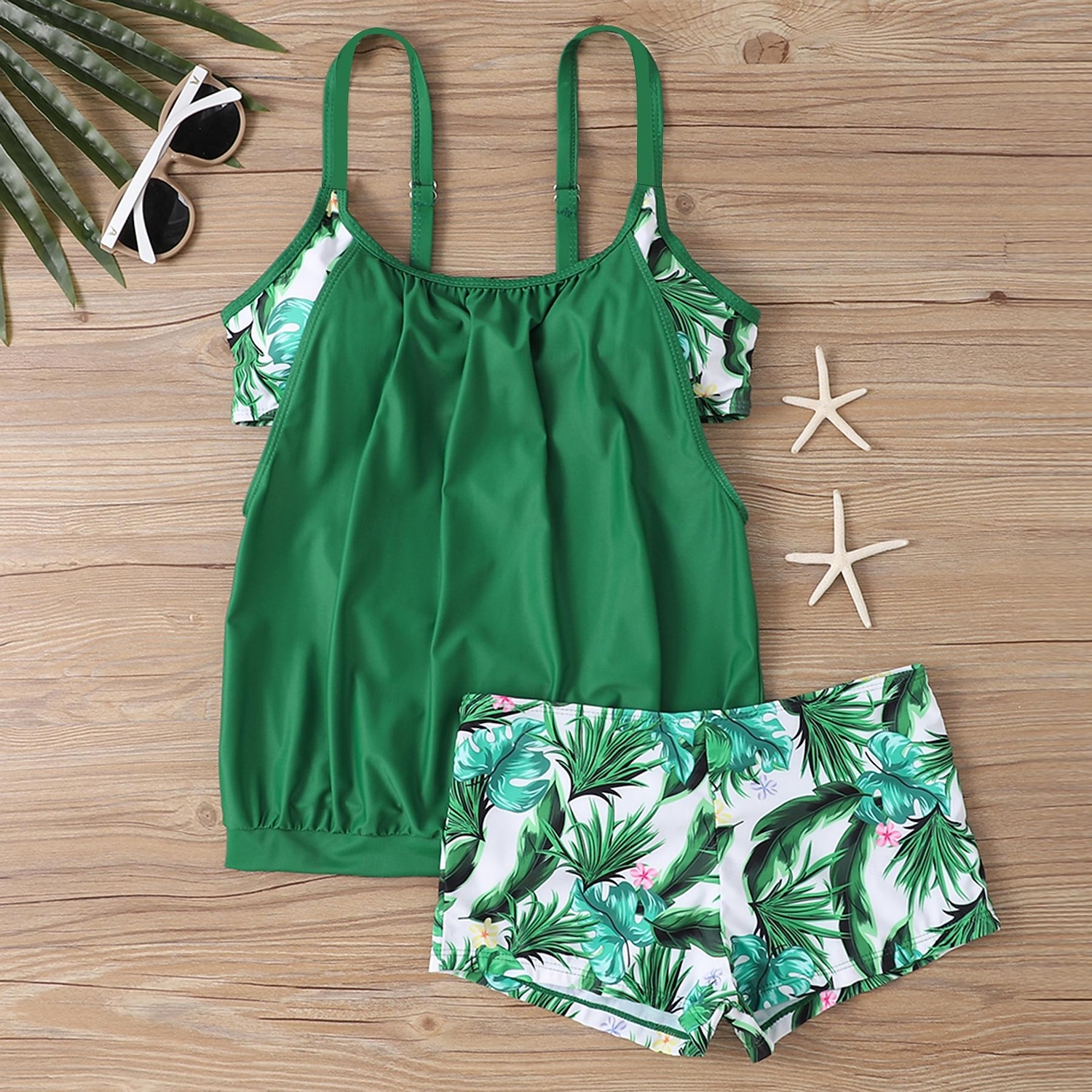 Dam Plusstorlekar Badkläder Tankini 2 st Längre baddräkt Hög midja Baddräkt Hög midja Smal Stickat Stylish Standkläder Leopard Tropisk Rund hals Ärmlös Baddräkter 2025 - $24.99 –P7
