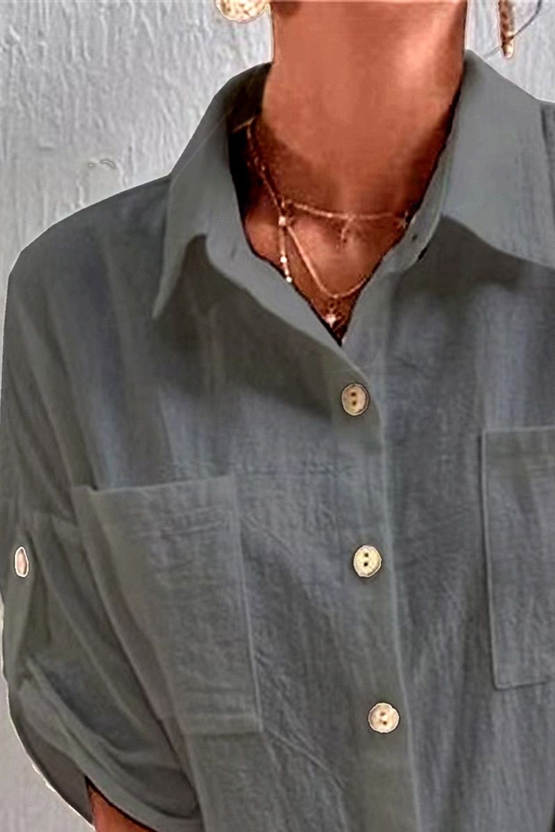 Damen Hemd Baumwoll-Leinen-Hemden Knopfleiste Bluse Einfach Basic Lässig Kurzarm Hemdkragen Normale Oberteile Ferien Ausgehen Knöpfe Tasche Schwarz Weiß Marineblau Khaki Grau Sommer 2025 - $21.99 –P18
