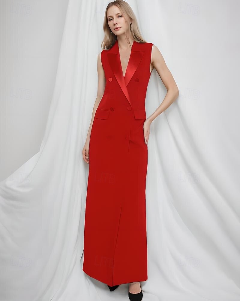 robe de mère de la mariée sirène / trompette robe de smoking élégante col en V fendu haut longueur au sol crêpe sans manches avec poches à rabat couleur unie 2025 de 2025 ? $118.99 -P9