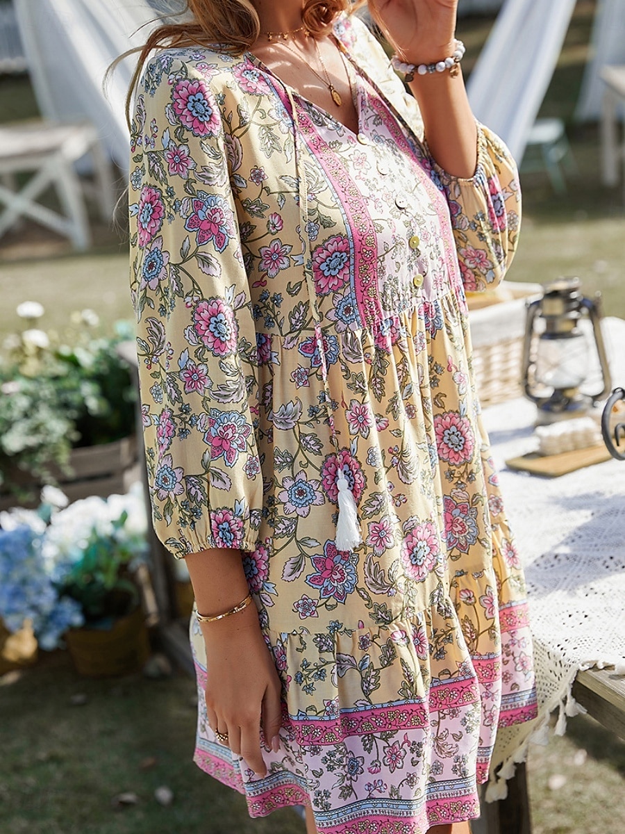 Dam Mini klänning Vardagsklänning Sommarklänning Boho-klänning Mode Utomhus Semester Dagligen Normal Blommig 3/4 ärm V-hals Gul Rodnande Rosa Blå Grön Sommar 2025 - $24.99 –P17