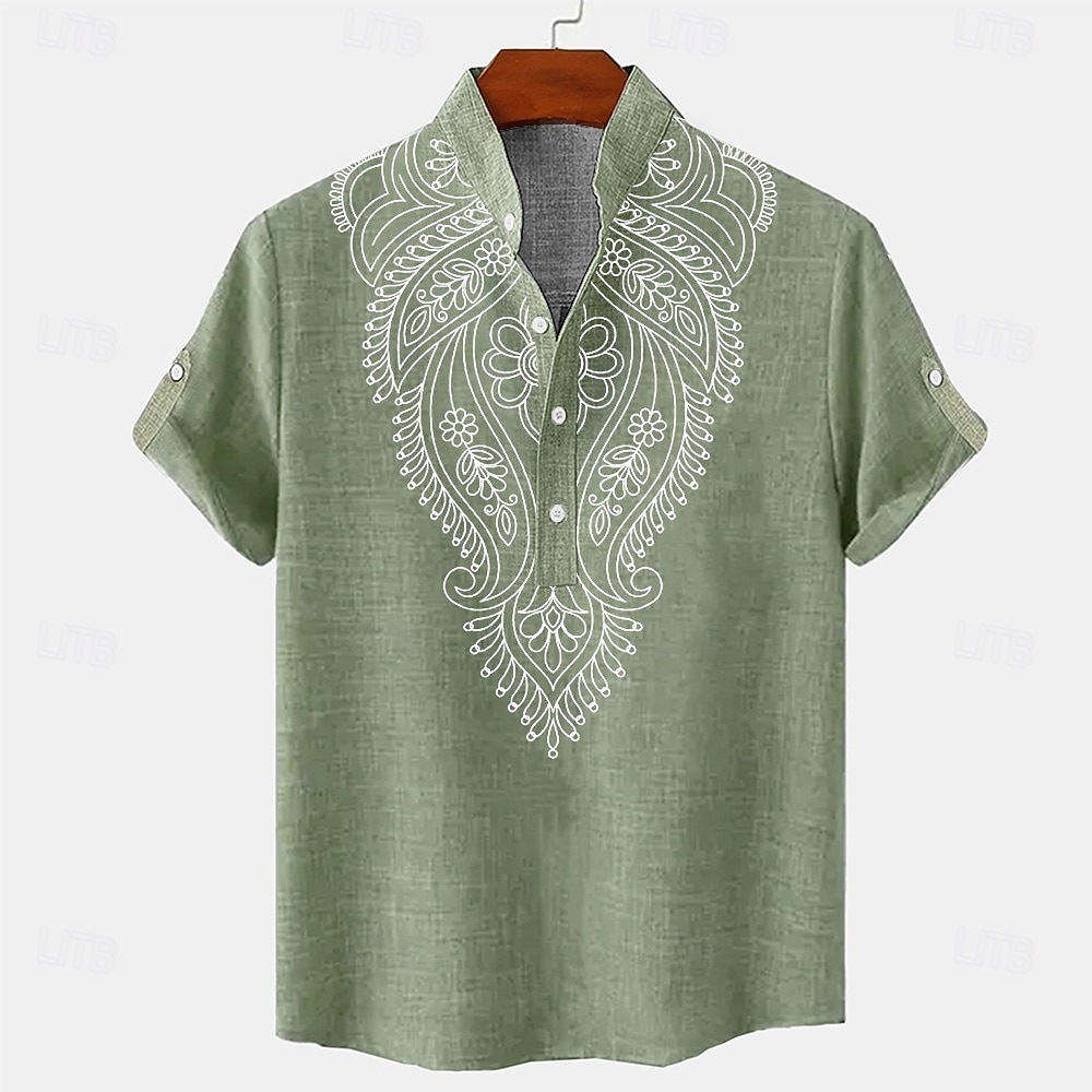 Men's Ethnic Linen Shirt Summer Shirt Short Sleeve Casual Tribal Vacation Daily Summer Spring Mandarin Collar Print Green Khaki Gray 2026 - $28.99 –P7