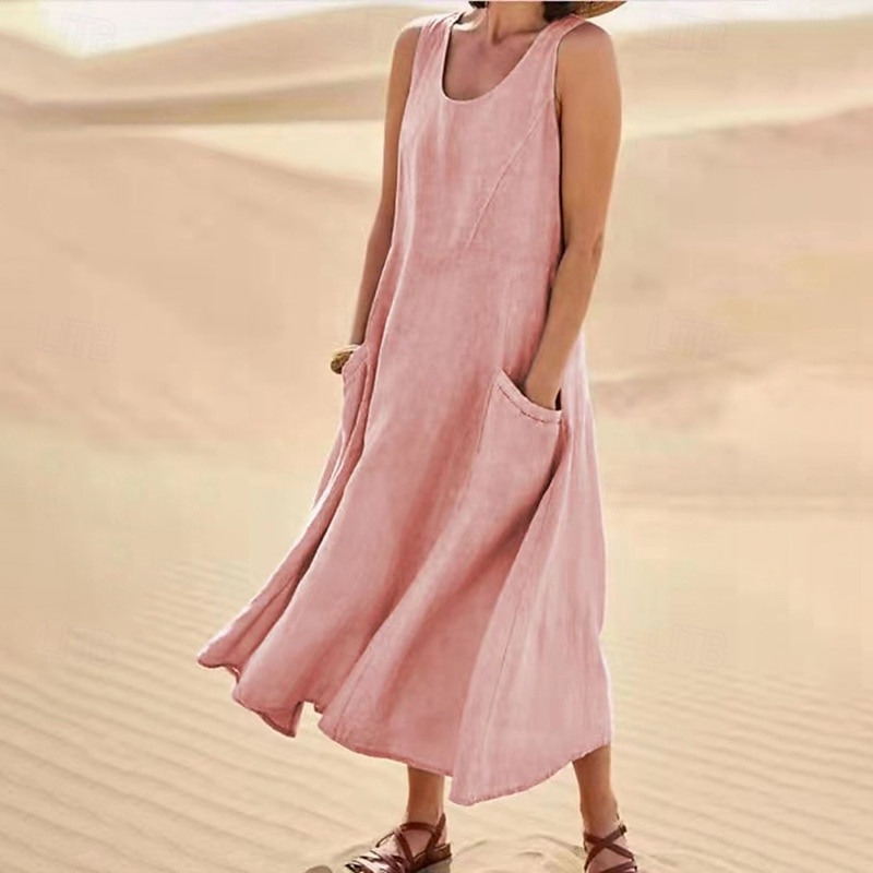 Damen Midikleid Baumwoll-Leinen-Kleider Baumwoll-Leinenkleid Mode Klassisch Urlaub Ausgehen Wochenende Normale Passform Einfach Ärmellos Rundhalsausschnitt Weiß Rosa Orange Khaki Sommer 2025 - $22.99 –P7