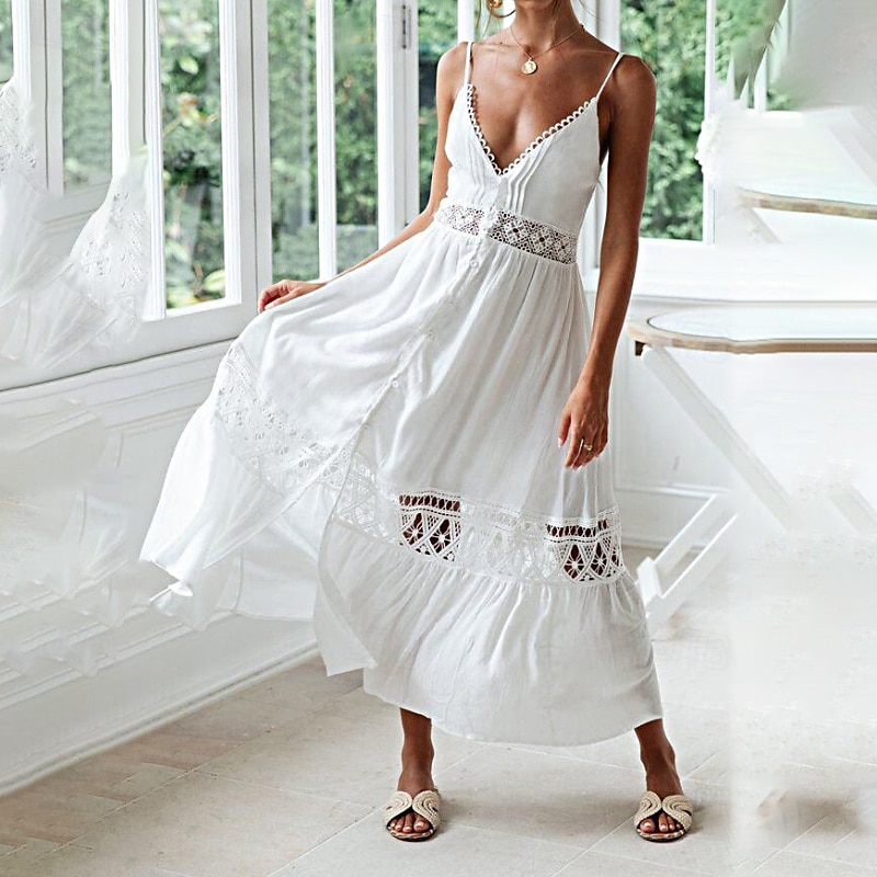 Women's Midi Dress Cotton Linen Dress Slip Dress Boho Dress Basic Classic Modern Vacation Holiday Going out Regular Fit Plain Sleeveless Spaghetti Strap White Summer 2025 - $26.99 –P3