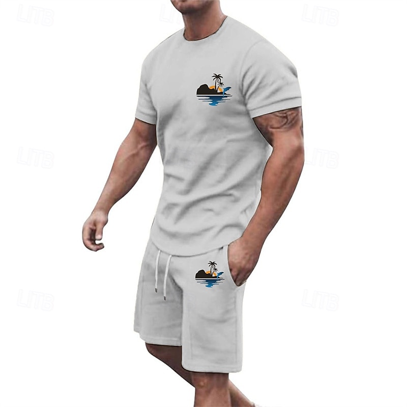 Herr T-shirtkostymer 2 delar outfits T-shirt och shorts Kortärmad Rund hals Sommar Kokosnötsträd Mode Ledigt 2 st Semester Dagliga kläder Utekväll Svart Vit Gul Topp t-shirt för män 2025 - $25.99 –P2