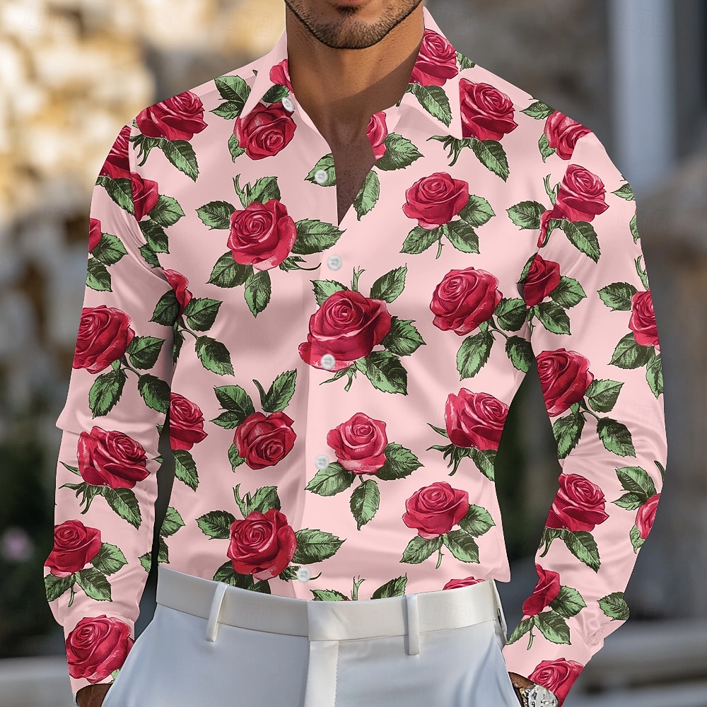 Ανδρικά Floral / Λουλούδι Τριαντάφυλλο Σατέν πουκάμισο Επίσημο Πουκάμισο Πουκάμισο με κουμπιά Μακρυμάνικο Μόδα Casual Γάμου Διακοπές Βραδινό Πάρτυ Καλοκαίρι Άνοιξη Απορρίπτω Πουκάμισα με γιακά 3D 2026 - $29.99 –P1