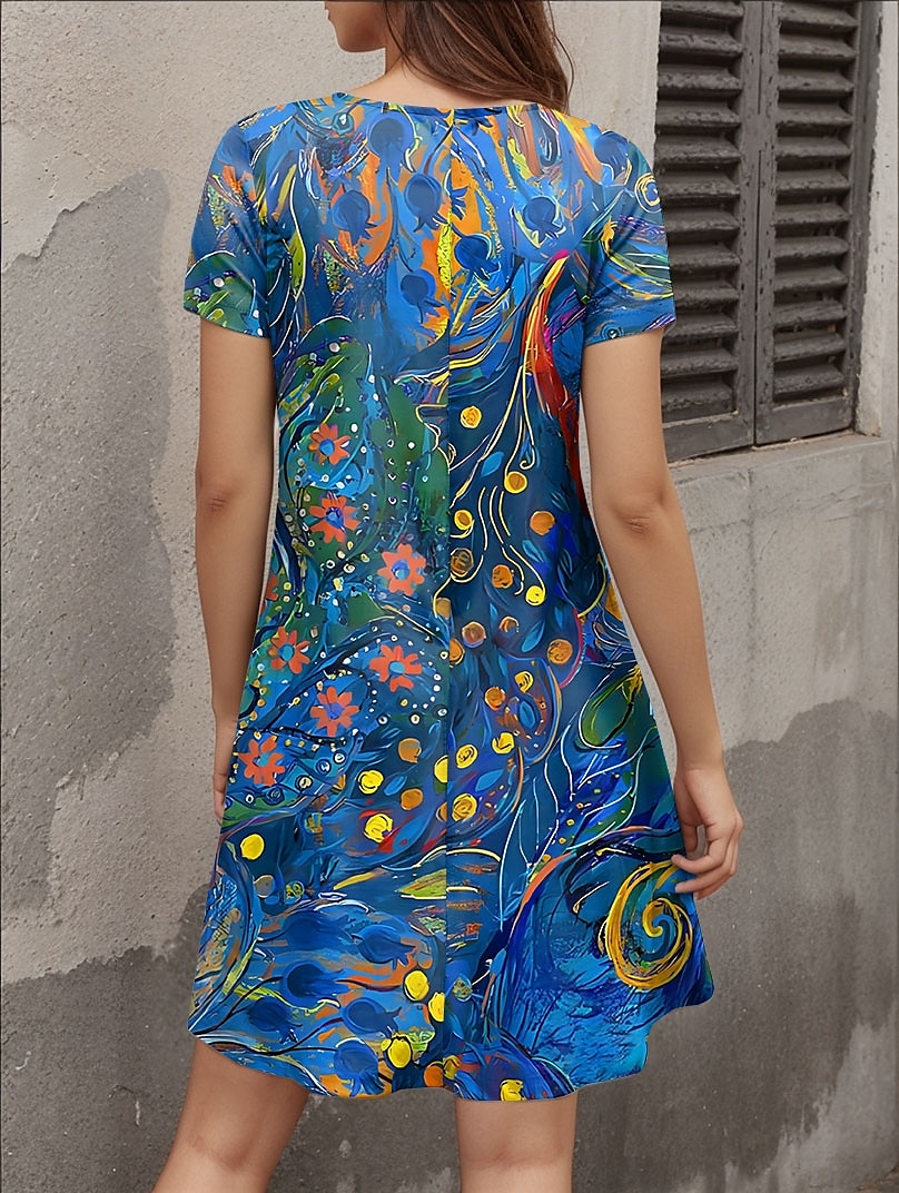 Women's Mini Dress Casual Dress T Shirt Dress Tee Dress Shift Dress Summer Dress Elegant Stylish Formal Vacation Work Casual Linen Like Regular Fit Floral Graphic Short Sleeve V Neck Blue Summer 2025 - $30.99 –P2