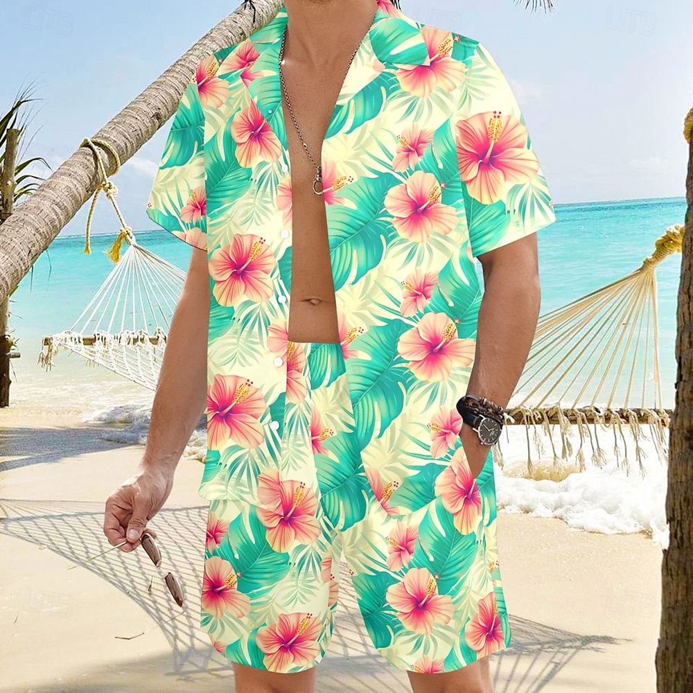 Męskie Kwiaty 2szt Zestawy koszul Koszula hawajska Krótki rękaw Krótkie spodnie Wieczorne Codzienny wakacje na plaży Codzienny Ubrania wakacyjne Druk 3D Lato Jasnoróżowy Zielony 2025 - $34.99 –P1