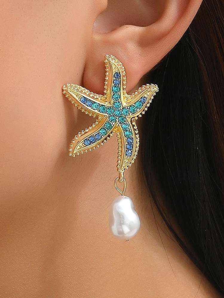 orecchini pendenti a forma di stella marina in oro con perla – orecchini a bottone in cristallo ispirati all'oceano, gioielli estivi da spiaggia per donna, accessorio elegante e alla moda per vacanze e feste del 2025 a $9.99 –P3