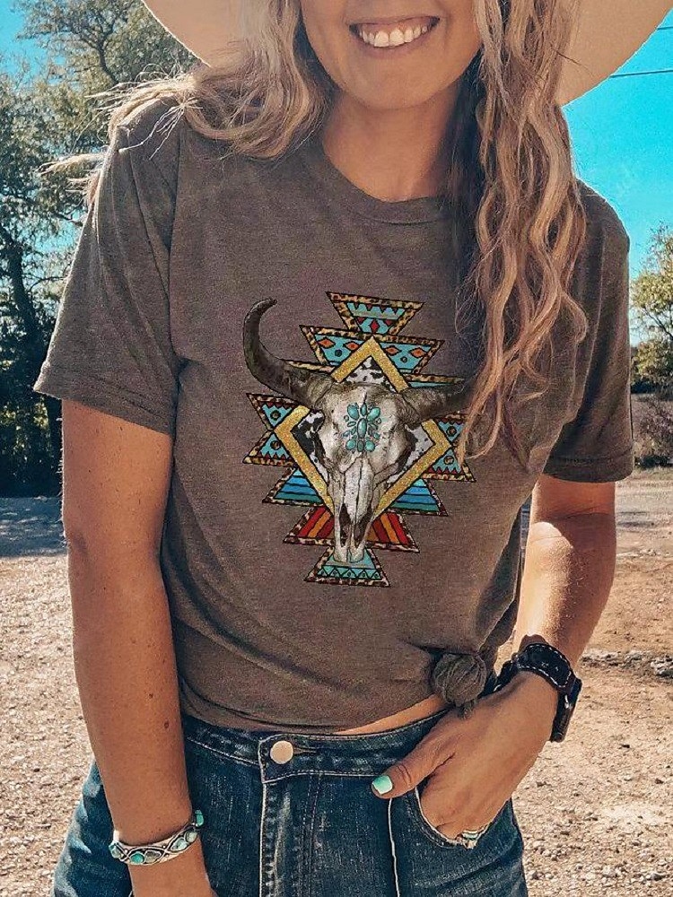 Femmes Hauts d'été Graphique Tribal Mode Western Occasionnel Manche Courte Col rond Hauts Réguliers Quotidien Sortir Week-end Patchwork Imprimé Marron Été Printemps de 2025 ? $14.99 –P1