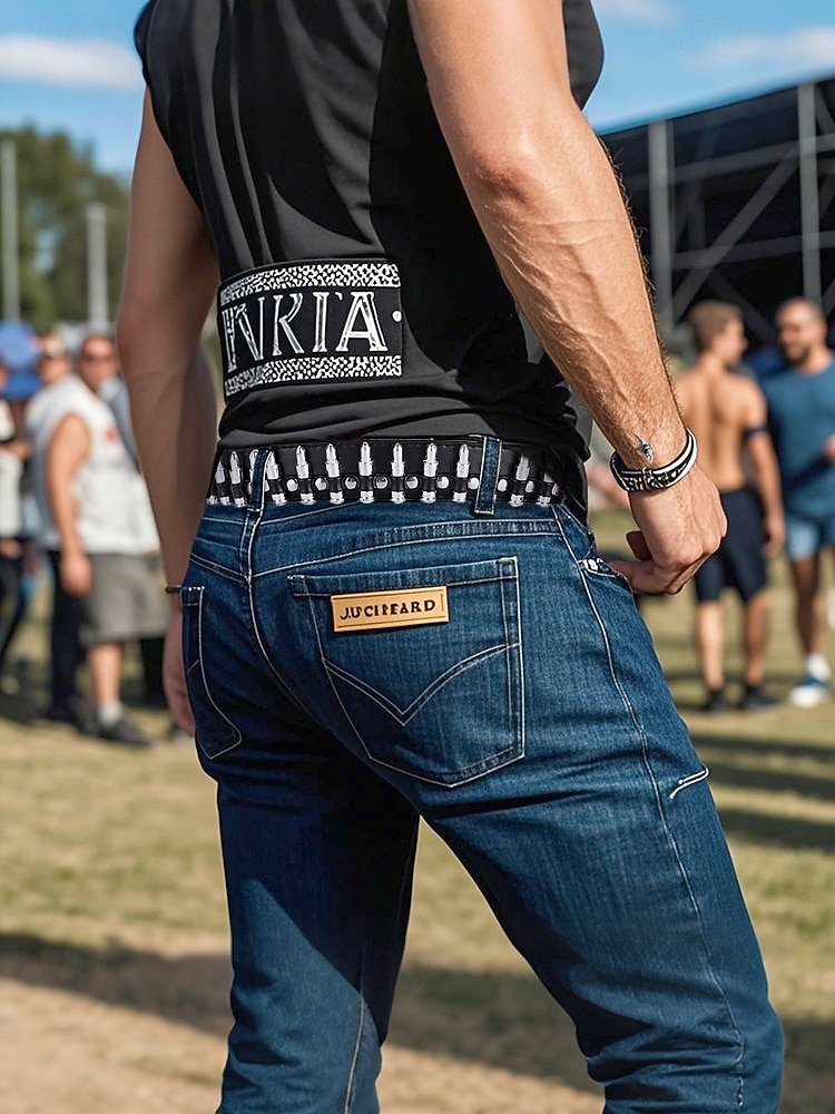 męski pasek punk rockowy z ćwiekami – czarny pasek ze sztucznej skóry w stylu gotyckim z nitami i metalową klamrą do jazdy na motocyklu, na koncerty i festiwale 2025 - $18.99 –P2