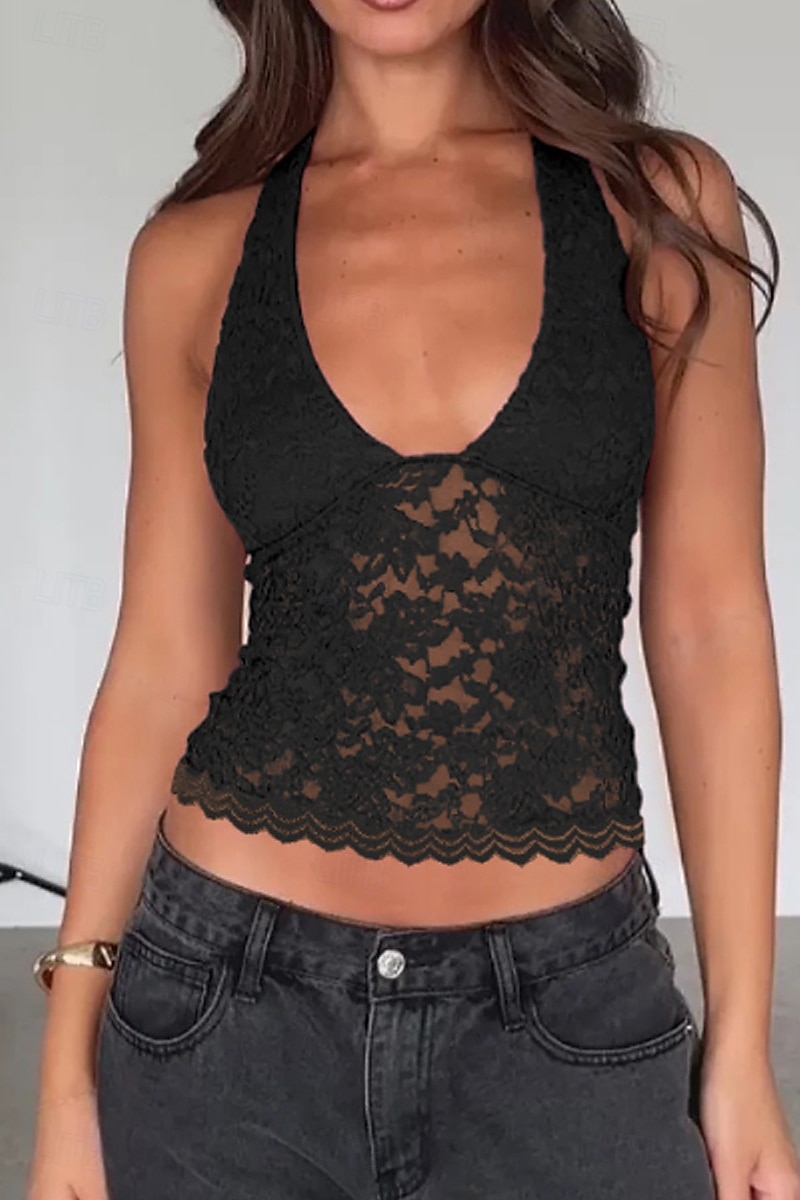 Dámské Tričko Halenka Bez vzoru Módní Na běžné nošení Bez rukávů Do V Crop Tops Víkend Krajka Slátanina Černá Bílá Fialová Léto 2025 - $17.49 –P11