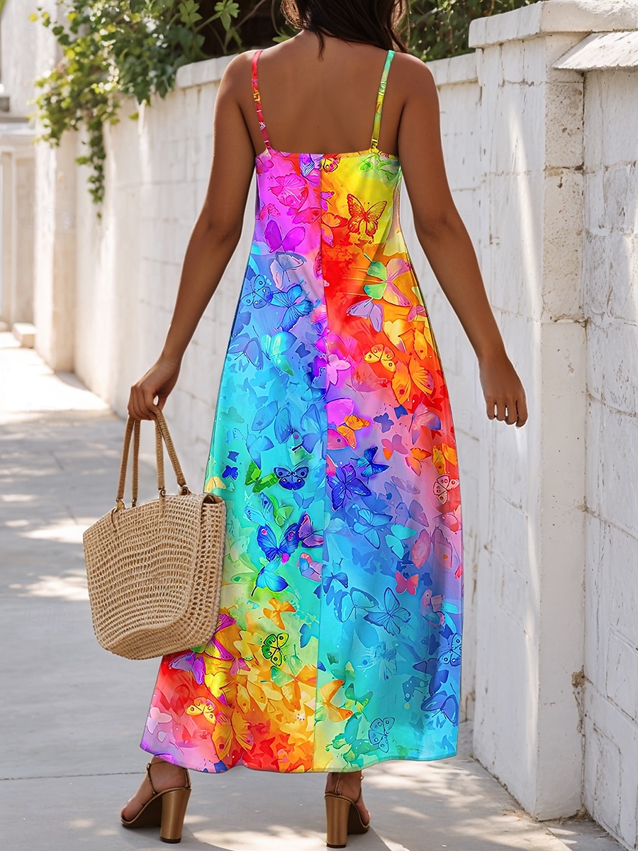 Damen Maxi Kleid A-Linie Kleid Sommer Kleid Slip Kleid Urlaub Casual Alltag Regelmäßige Passform Ombre Grafik Schmetterling Ärmellos V-Ausschnitt Regenbogen Sommer Frühling 2025 - $28.99 –P2