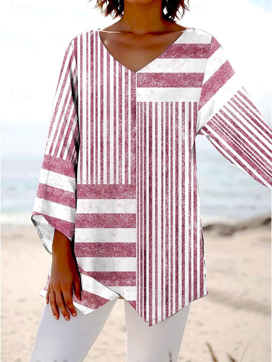 Dame Bluse Grafisk Stripet Stilfull Strandstil Kortermet V-hals Vanlige topper Daglig Trykt mønster Rosa Blå Grå Vår Høst 2025 - $25.99 –P2