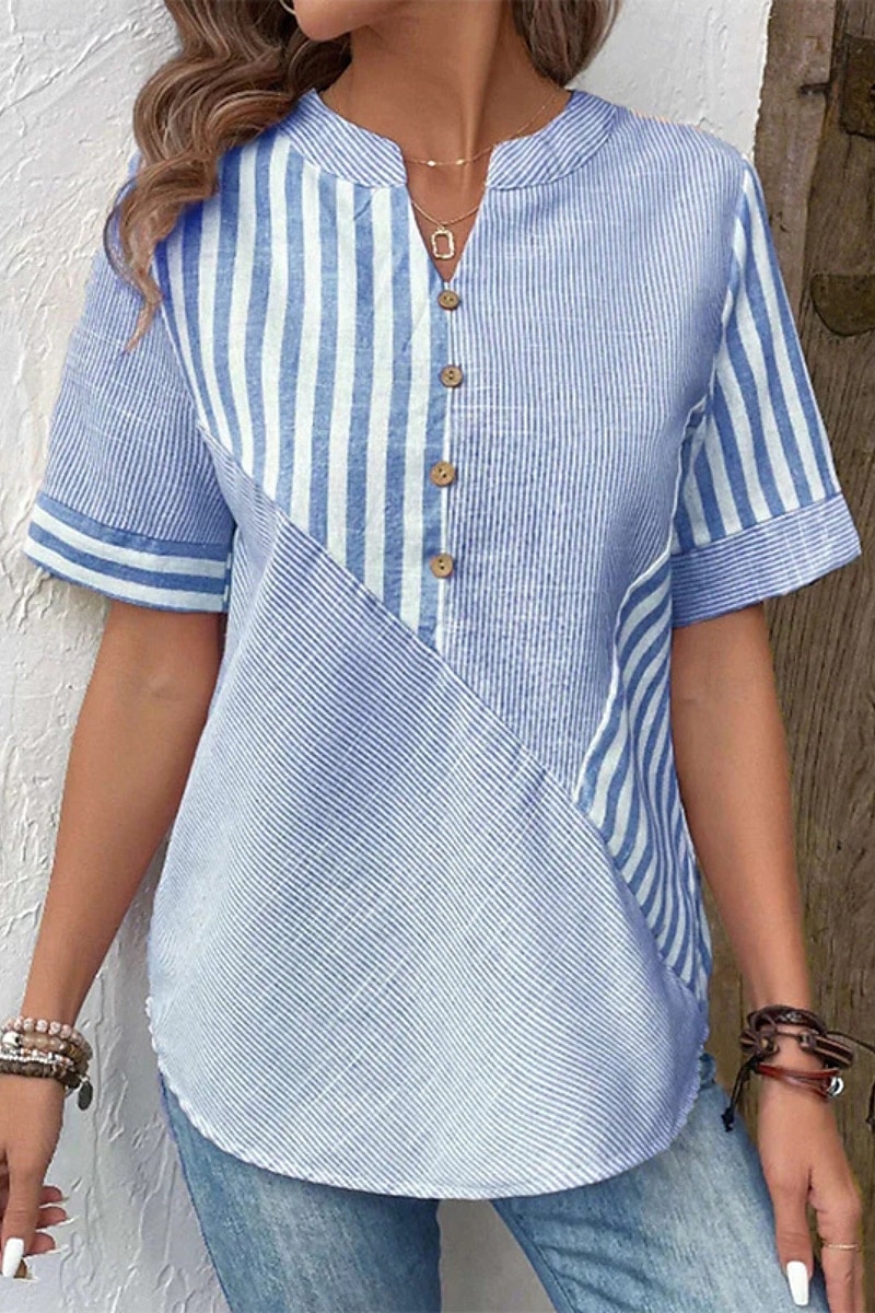 Mulheres Blusa Listrado Moderno Casual Manga Curta Decote V Tops regulares Diário Feriado Para Noite Botões Verde Claro Rosa Azul Real Verão de 2025 por $25.99 –P4