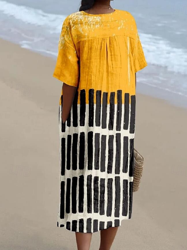 Robe Midi Femme Robe de Plage Robe en A Robe en Lin Vacances Casual Plage lin comme Sortir Ajustement Lâche Graphique Géométrique À Manches Courtes Col en V Jaune Clair Jaune Foncé Jaune Été de 2025 ? $36.99 –P4