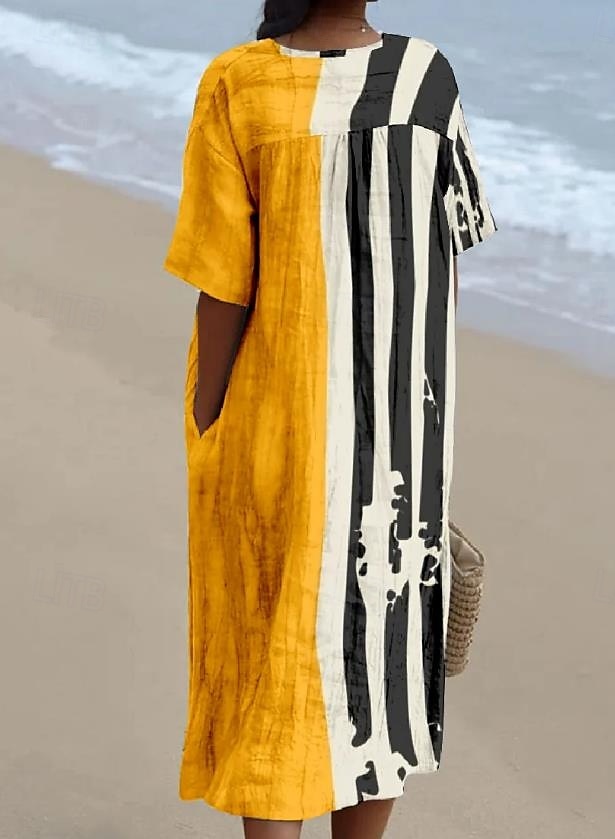 Robe Midi Femme Robe de Plage Robe en A Robe en Lin Vacances Casual Plage lin comme Sortir Ajustement Lâche Graphique Géométrique À Manches Courtes Col en V Jaune Clair Jaune Foncé Jaune Été de 2025 ? $36.99 –P2
