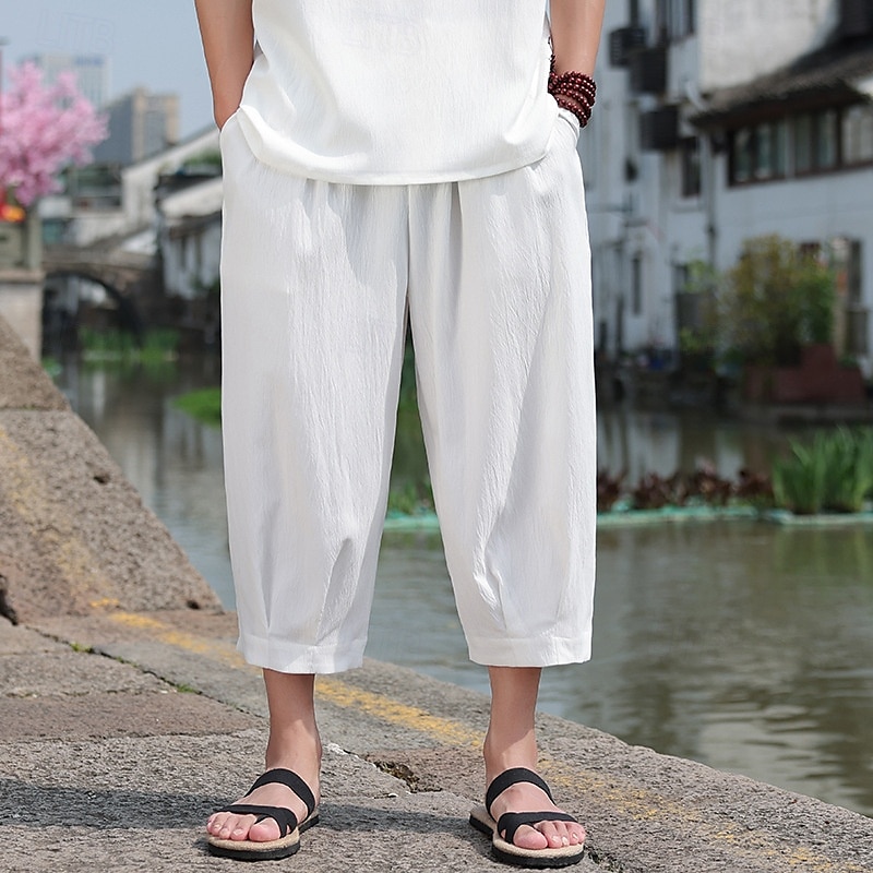 Men's Capri Pants Shorts Linen Shorts Summer Shorts Beach Shorts Drawstring Elastic Waist Baggy Plain Comfort Breathable Calf-Length Outdoor Casual Daily Fashion Retro Vintage Black White 2025 - $24.99 –P4