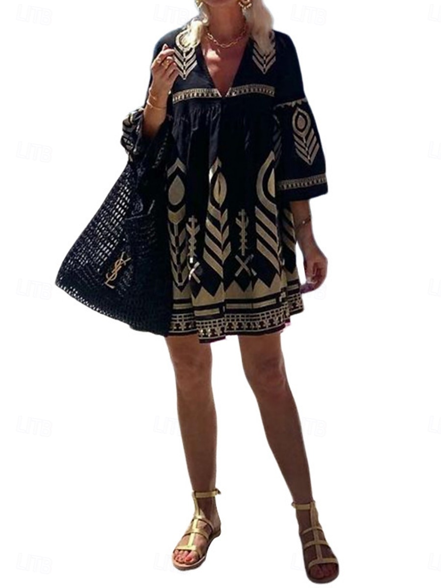Femmes Mini Robe Robe trapèze Occasionnel Extérieur Sortir Coupe régulière Graphique Géométrique Manche 3/4 Col en V Noir Été de 2025 ? $32.99 –P6