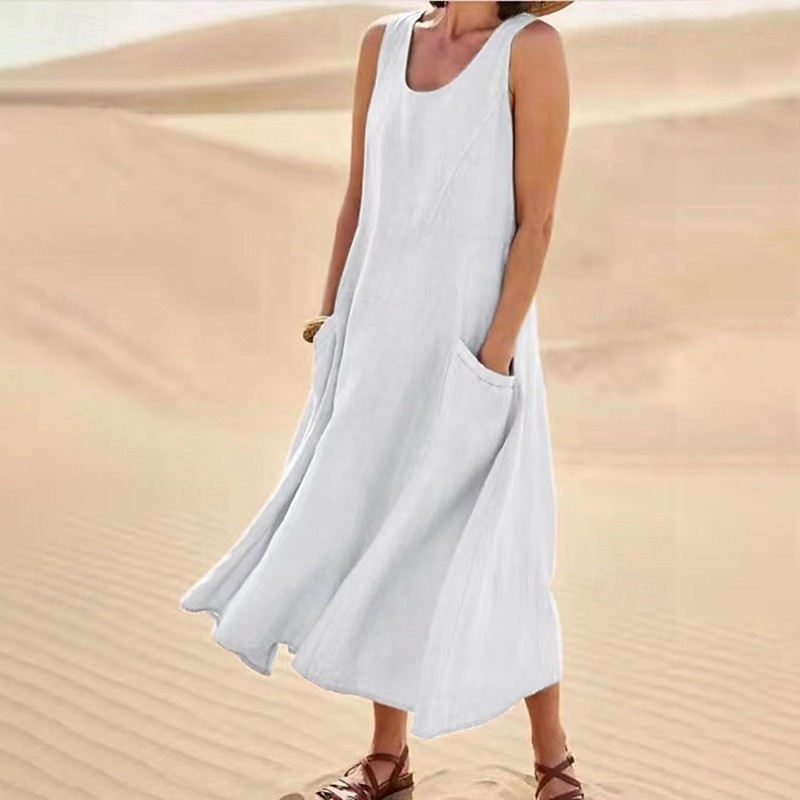 Damen Midikleid Baumwoll-Leinen-Kleider Baumwoll-Leinenkleid Mode Klassisch Urlaub Ausgehen Wochenende Normale Passform Einfach Ärmellos Rundhalsausschnitt Weiß Rosa Orange Khaki Sommer 2025 - $22.99 –P6