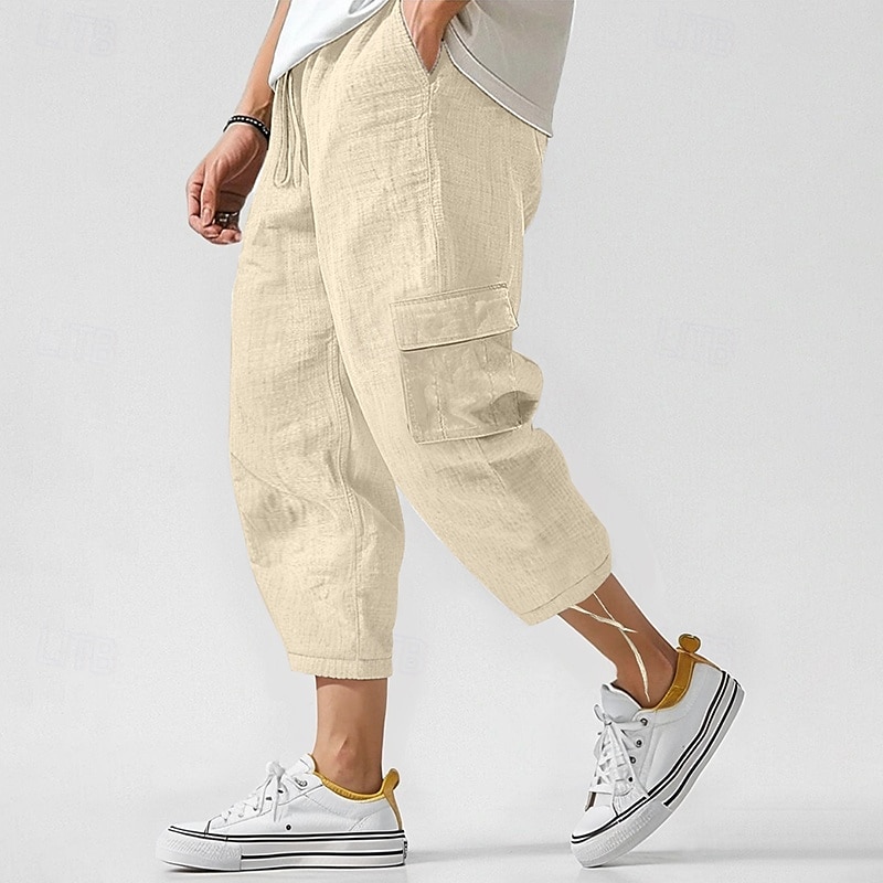 Homens Calças Cargo Calças de linho Calças Calça verão Calças de praia Com Cordão Cintura elástica Bolso multi Tecido Conforto Respirável Mimolet Casual Diário Feriado Moda Estilo Clássico Preto de 2025 por $23.99 –P2